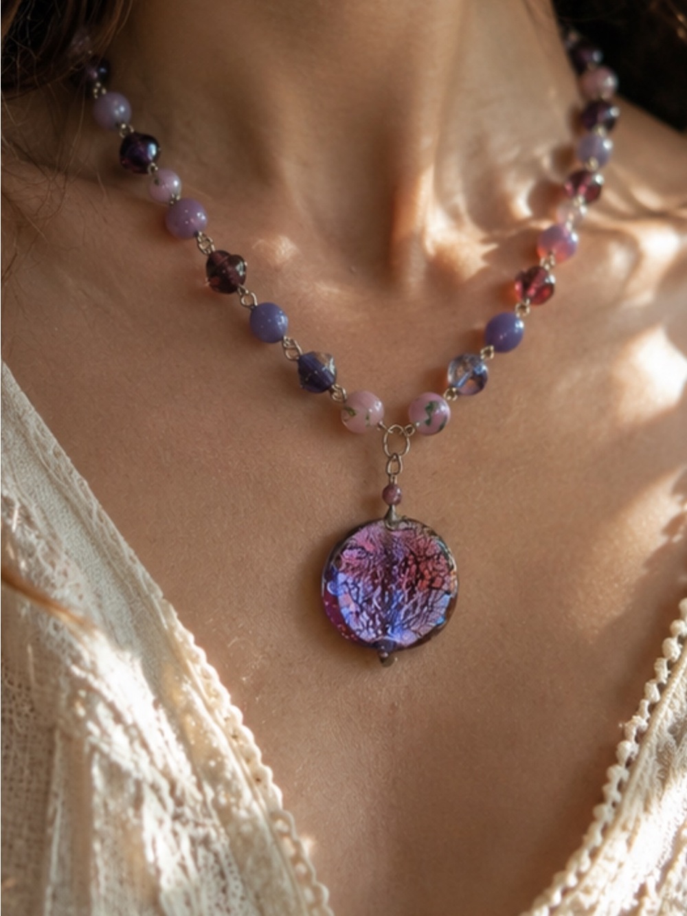 Celestial Boho Art Glass Pendant Necklace Purple Amethyst Beaded Statement